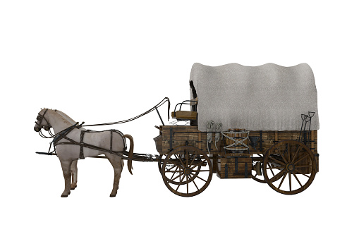 Old western style covered wagon pulled by two white horses. 3D illustration isolated on white.