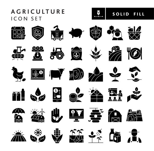Modern Farm and Agriculture icon concepts Vector illustration of a big set of 42 farm and agriculture icon concepts icons. Includes farming schedule, farm protection, harvesting, livestock, bee keeping, farm to table, cash crop prices, irrigation, solar power, growth, planting, seeding concepts, crops dairy farming and farm worker, on white background with no white box below. Simple set that includes vector eps and high resolution jpg in download. farmer symbols stock illustrations