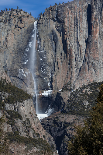 Yosemite upper and lower falls in the Yosemite National Park in California during the winter months