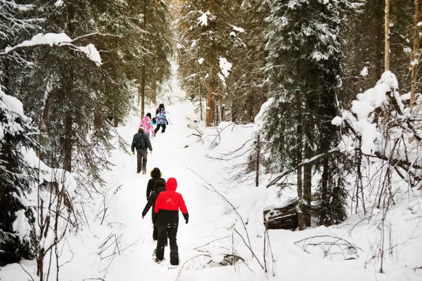 люди на снегоступах поход - snowshoeing snowshoe child winter стоковые фото и изображения