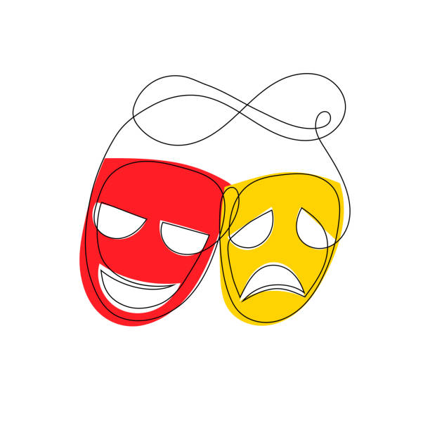 ilustraciones, imágenes clip art, dibujos animados e iconos de stock de máscaras de teatro aisladas sobre fondo blanco. línea continua arte rojo y amarillo risa y triste máscara de teatro. ilustración vectorial - tragedy mask illustrations