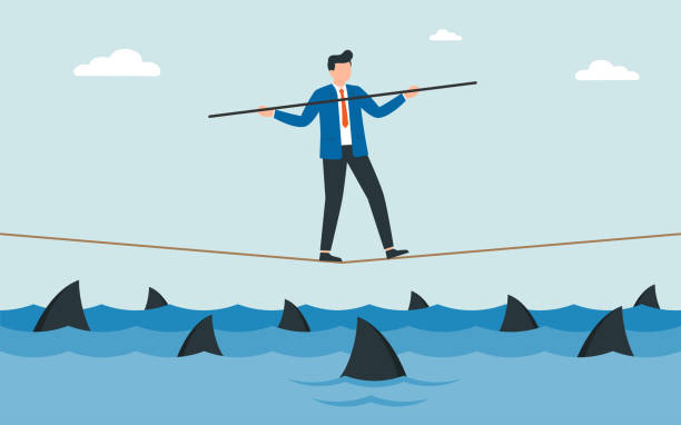 Businessman walking a tightrope with balancer stick over shark in water. Obstacle on road, financial crisis. Risk management challenge. Businessman walking a tightrope with balancer stick over shark in water. Obstacle on road, financial crisis. Way to success. Vector illustration tightrope stock illustrations