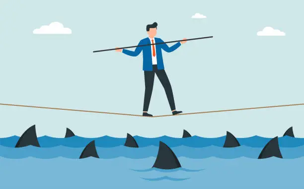 Vector illustration of Businessman walking a tightrope with balancer stick over shark in water. Obstacle on road, financial crisis. Risk management challenge.