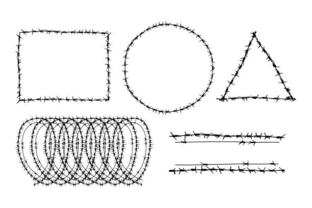 drut kolczasty w różnych kształtach izolowany na białym tle. ilustracja wektorowa - barbed wire wire war prison stock illustrations