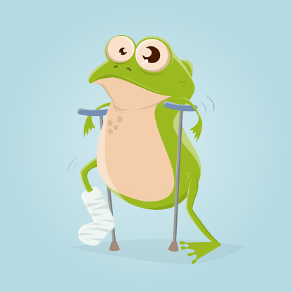 funny cartoon illustration of a frog with broken leg