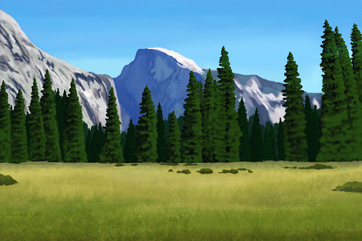 A digital painting of Half Dome boulder and El-Capitan in Yosemite National Park, California.  There is a grass meadow with pine and spruce trees behind, with El-Capitan and Half Dome in the distance.