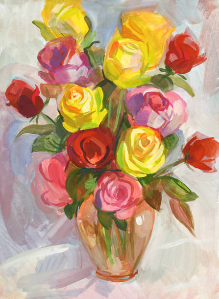 istock Roses in a transparent jug. Still life. Gouache painting 1306028637