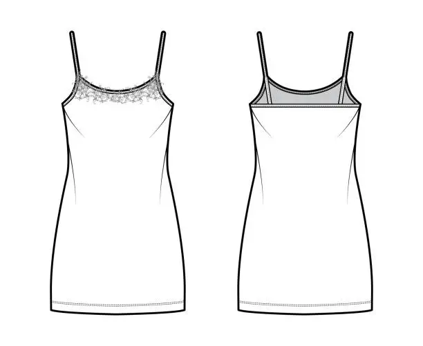 Vector illustration of Chemise dress Sleepwear Pajama technical fashion illustration with mini length, lace scoop neck cami, trapeze silhouette