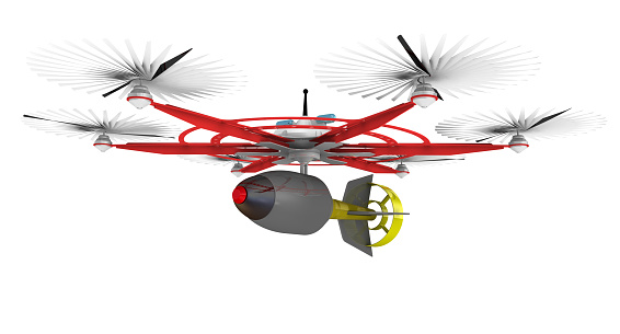Unmanned combat aerial vehicle (UCAV) with six propellers and an air bomb. 3D illustration