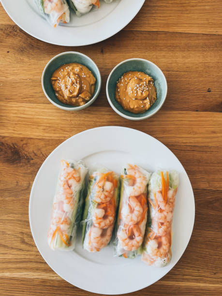 istock Homemade fresh Vietnamese prawn summer roll and peanut sauce 1306030380