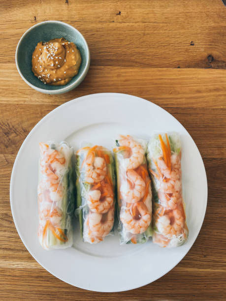 Homemade fresh Vietnamese prawn summer roll and peanut sauce
