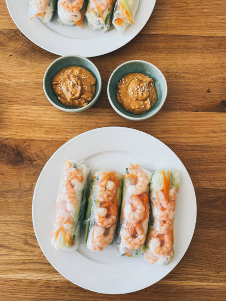 istock Homemade fresh Vietnamese prawn summer roll and peanut sauce 1306030394