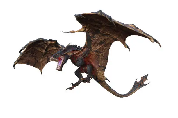 Wyvern or Dragon fantasy creature flying with mouth open to breath fire, 3D illustration isolated on white.