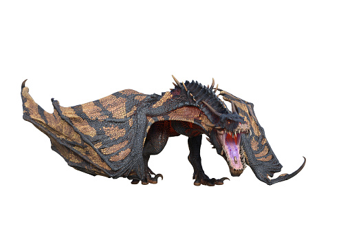 Wyvern or Dragon fantasy creature walking with mouth wide open, 3D illustration isolated on white.