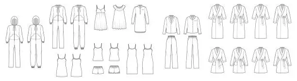 Vector illustration of Set of Sleepwear Pajamas overall dresses, pants, bathrobe, chemise, nightshirt technical fashion illustration with full