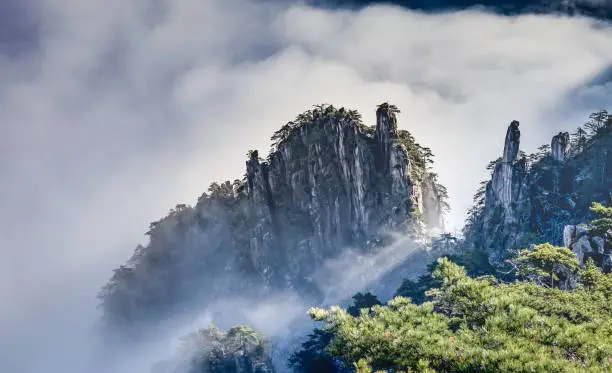 View of the clouds and the pine tree at the mountain peaks of Huangshan National park, China. Landscape of Mount Huangshan of the winter season. UNESCO World Heritage Site, Anhui China.