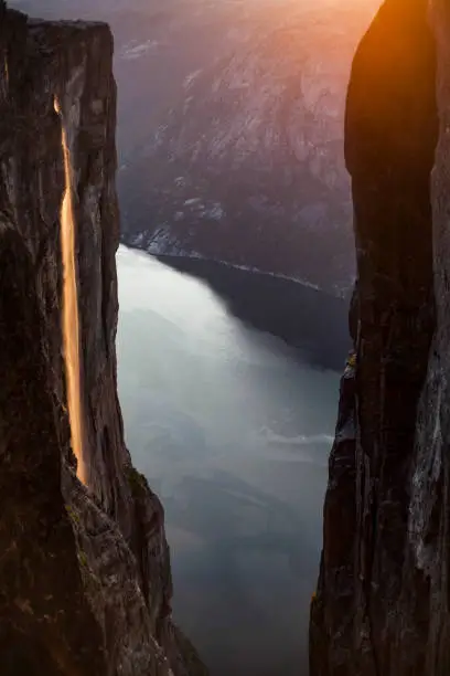 Photo of Lysefjorden and waterfall from Kjeragbolten