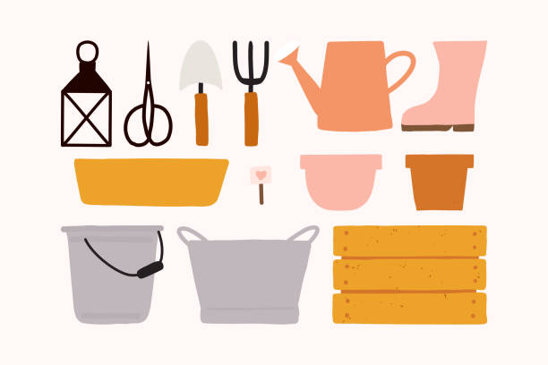 gardening elements tools icon isolated vector cute lantern, pot, scissors, watering can, vintage bucket, spade, pitchfork, Wooden box and rain boot illustration. gardening elements tools icon isolated vector cute lantern, pot, scissors, watering can, vintage bucket, spade, pitchfork, Wooden box and rain boot illustration. trowel gardening shovel gardening equipment stock illustrations