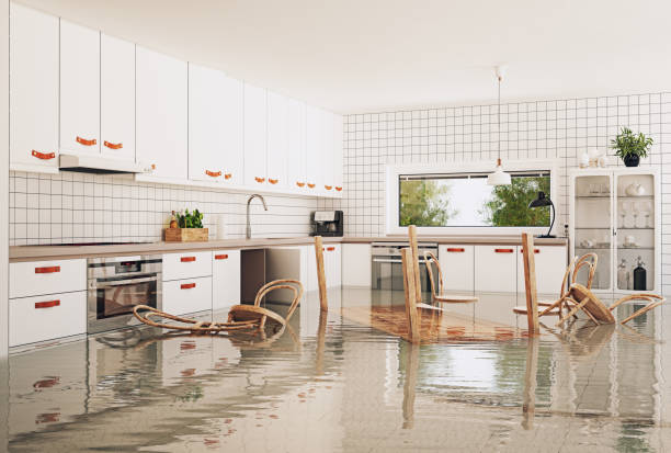 flooding in the modern kitchen. the flooding in the modern kitchen. 3d rendering concept creative idea damaged stock pictures, royalty-free photos & images