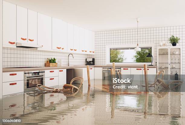 Flooding In The Modern Kitchen Stock Photo - Download Image Now - Damaged, House, Water
