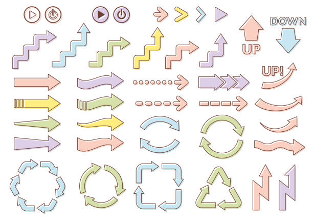 abbildungssatz von pfeilen und recyclingsymbolen - niedlich grafiken stock-grafiken, -clipart, -cartoons und -symbole