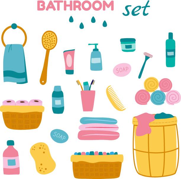 satz von elementen für das bad in hellen farben - toothbrush pink turquoise blue stock-grafiken, -clipart, -cartoons und -symbole