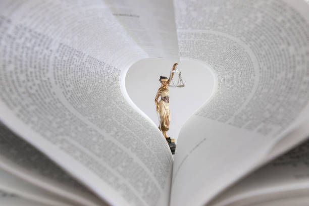 Concept Love of justice . Themis figurine with Libra stands in front of the textbook.