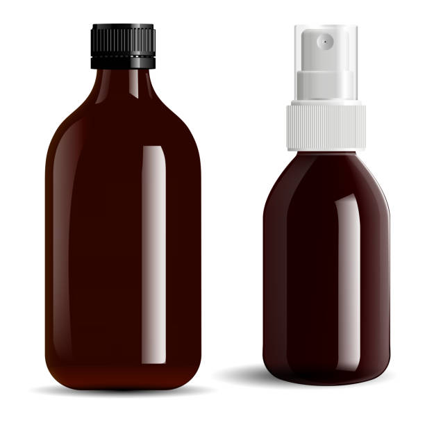 Brown glass bottle Amber essential oil vial mockup Brown glass bottle. Amber essential oil vial mockup. Screw cap apothecary spray bottle, pharmaceutical container. Prescription liquid cure jar concept, realistic design blank. E juice packaging amber stock illustrations