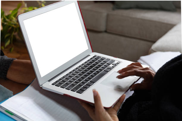 istock Side view, woman on laptop on sofa with binder notebook 1306049372