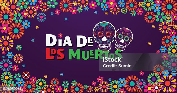 istock Dia De Los Muertos banner skull decorated with flowers, Mexican event holiday greeting card 1306050961