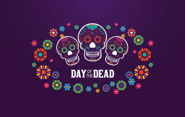 디아 드 로스 무에르토스 배너 두개골 꽃으로 장식, 멕시코 이벤트 휴일 인사말 카드 - sugar skull stock illustrations