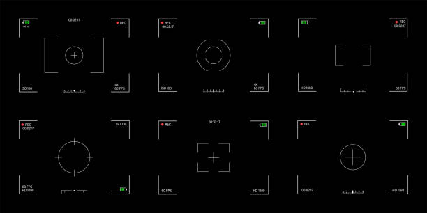 illustrazioni stock, clip art, cartoni animati e icone di tendenza di set di modelli di mirino. raccolta dello schermo dello stato attivo della fotocamera. isolato sullo sfondo scuro. - visore 3d