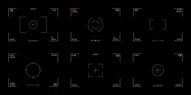 Set of viewfinder templates. Camera focus screen collection. Isolated on the dark background. Set of viewfinder templates. Camera focus screen collection. Isolated on the dark background. cinematic music photos stock illustrations