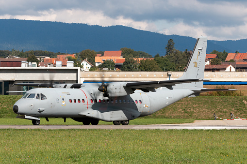 Payerne, Switzerland - September 1, 2014: Finnish Air Force CASA C-295M military cargo aircraft taxiing at Payerne Airport.