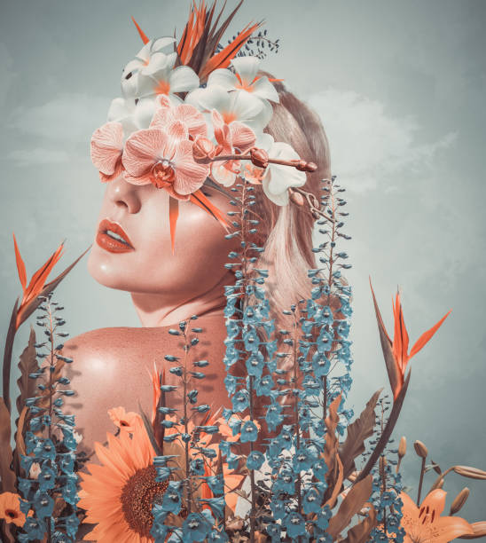 abstract art collage of young woman with flowers - coroa de flores imagens e fotografias de stock