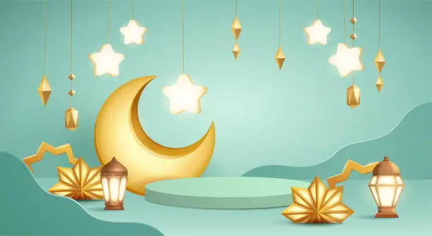 Vector illustration of 3D illustration of classic teal Muslim Islamic festival theme product display background with crescent moon and Islamic decorations.