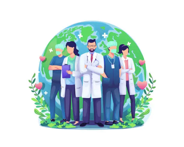 Vector illustration of World Health Day illustration concept with a Group of staff medical doctors and nurses standing in front of the world globe