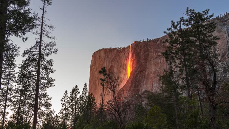 4K Time lapse Yosemite National Park with the horsetail waterfall creating the Fire fall effect at Sunset