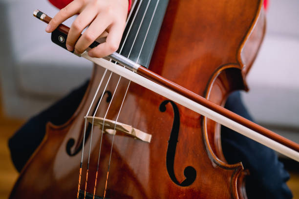 niño practicando violonchelo en interiores - chello fotografías e imágenes de stock