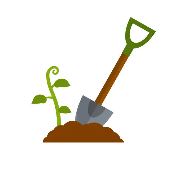 Vector illustration of Shovel. Digging hole. Harvest. Pile of earth. Wood brown tool. Cartoon flat illustration. Element of farms and villages
