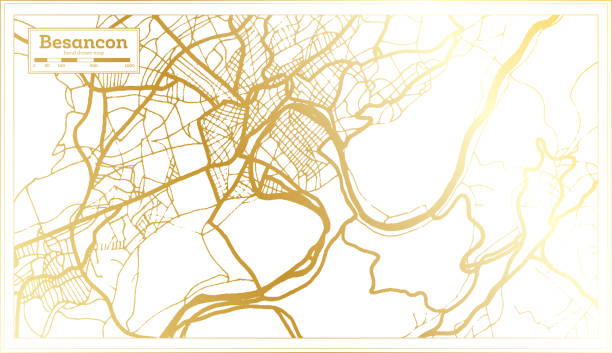 besancon frankreich stadtplan im retro-stil in goldener farbe. gliederungskarte. - doubs river stock-grafiken, -clipart, -cartoons und -symbole