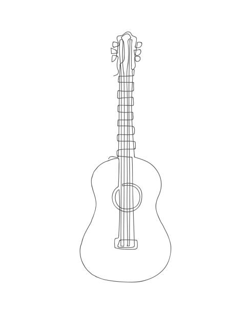 illustrazioni stock, clip art, cartoni animati e icone di tendenza di disegno continuo di una linea di chitarra acustica - sequenza di strumento musicale