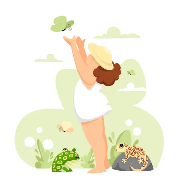Vector illustration of girl child. vector image of a child in nature. girl and amphibians
