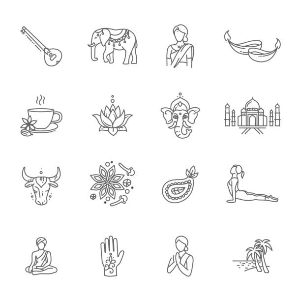 インドベクトル細線アイコンセット - インドの国のシンボル - ganesh点のイラスト素材／クリップアート素材／マンガ素材／アイコン素材