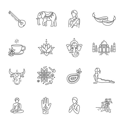 India vector thin line icon set - national symbols of India art