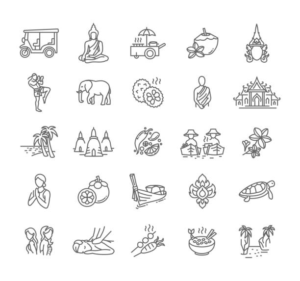 thailand icon set - sammlung von vektor dünne linie stil symbole, thai nationalsymbole - art thailand thai culture temple stock-grafiken, -clipart, -cartoons und -symbole