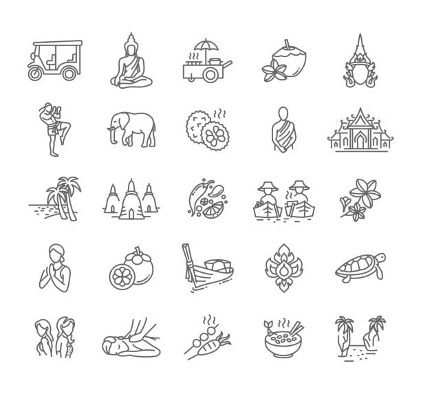 Thailand icon set - collection of vector thin line style icons, Thai national symbols Thailand icon set - collection of vector thin line style icons, Thai national symbols art traditional thai costume stock illustrations