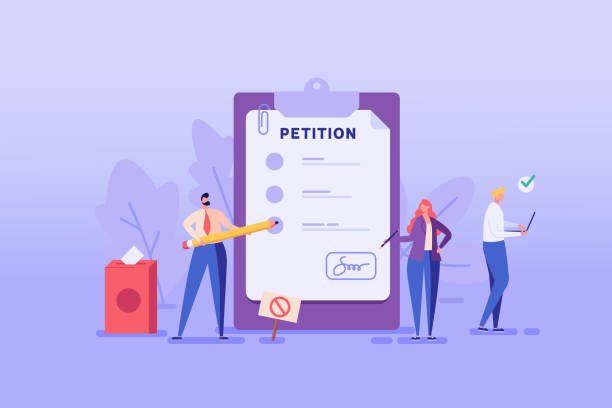 ilustrações de stock, clip art, desenhos animados e ícones de petition form. people signing and spreading petition or complaint. concept of online petition, making choice, balloting paper, democracy. vector illustration for web design and background - petition