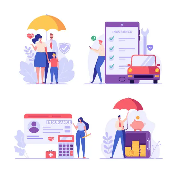 Vector illustration of Insurance set vector. People protecting property and health. Health and family protection, Car and deposit insurance. Money guarantee. Vector illustration in flat design for web banner, mobile app