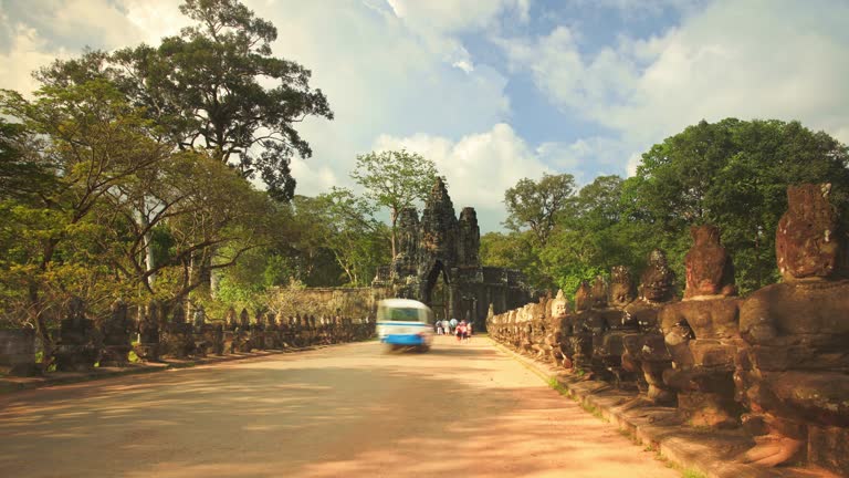 Road leading to Angkor Thom temple Cambodia in Timelapse